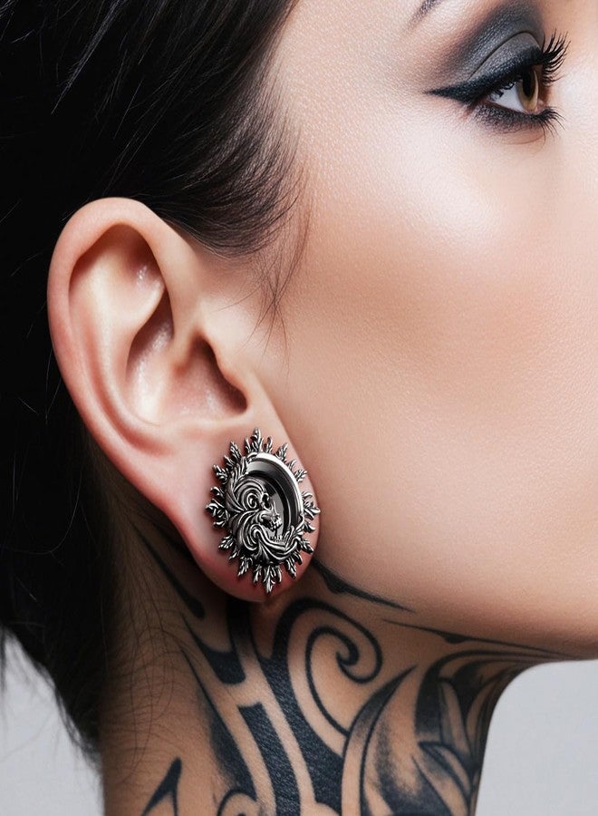 COOEAR Dark Gothic Skull Earrings for Women Men, Stainless Steel Punk Spiked Ear Tunnel, Screw Back Stretchers Expander, 0g(8mm), Stainless Steel, Sandstone - Image 2