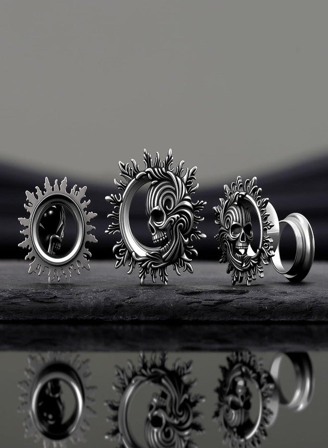 COOEAR Dark Gothic Skull Earrings for Women Men, Stainless Steel Punk Spiked Ear Tunnel, Screw Back Stretchers Expander, 0g(8mm), Stainless Steel, Sandstone - Image 5
