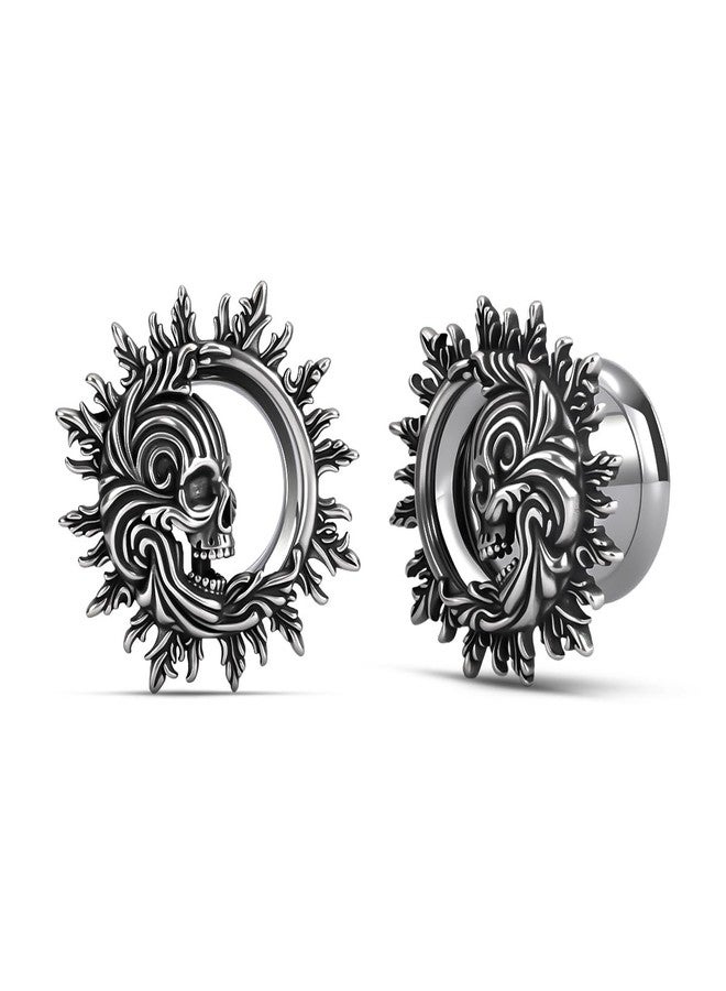 COOEAR Dark Gothic Skull Earrings for Women Men, Stainless Steel Punk Spiked Ear Tunnel, Screw Back Stretchers Expander, 0g(8mm), Stainless Steel, Sandstone - Image 1