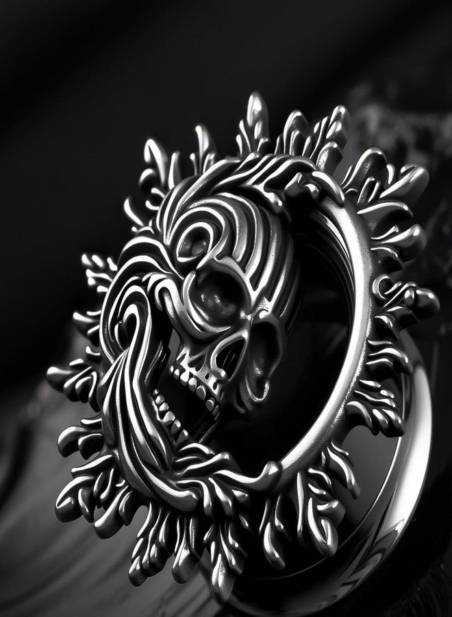 COOEAR Dark Gothic Skull Earrings for Women Men, Stainless Steel Punk Spiked Ear Tunnel, Screw Back Stretchers Expander, 0g(8mm), Stainless Steel, Sandstone - Image 4
