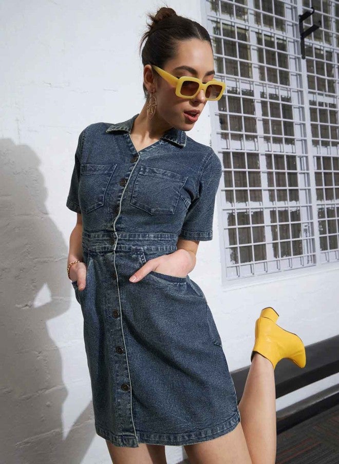 ساسافراس فستان قصير جينز بياقة قميص للنساء - Image 3