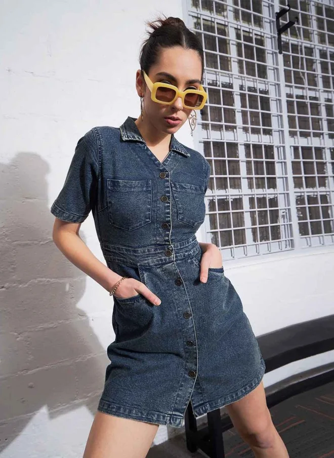 SASSAFRAS Shirt Collar Denim Mini Dress for Women