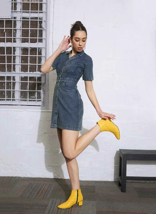 SASSAFRAS Shirt Collar Denim Mini Dress for Women
