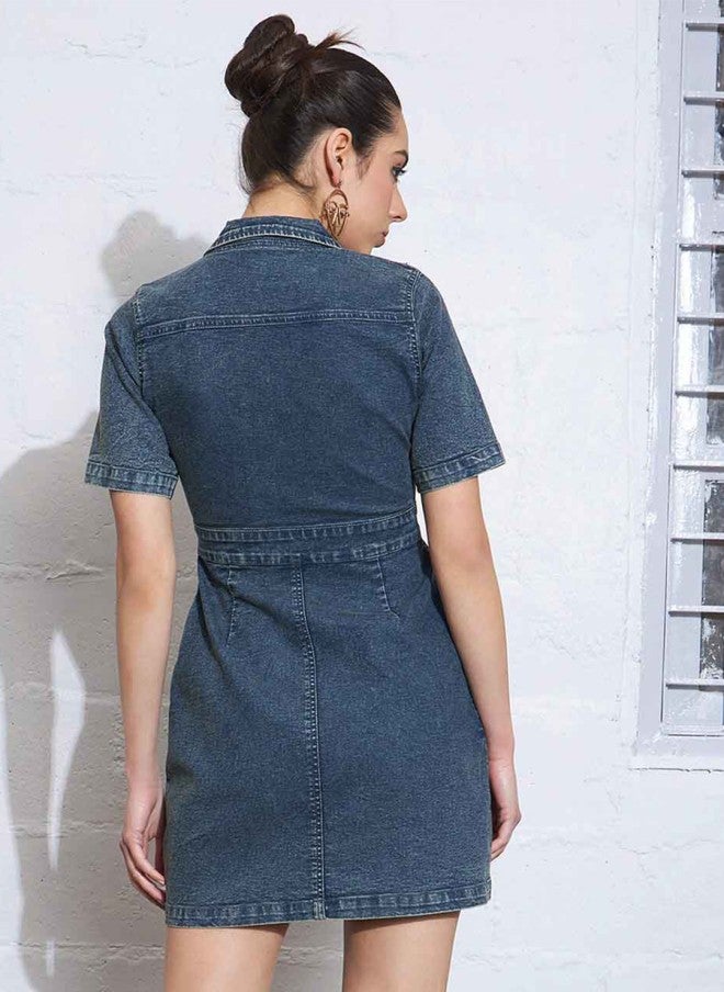 ساسافراس فستان قصير جينز بياقة قميص للنساء - Image 4