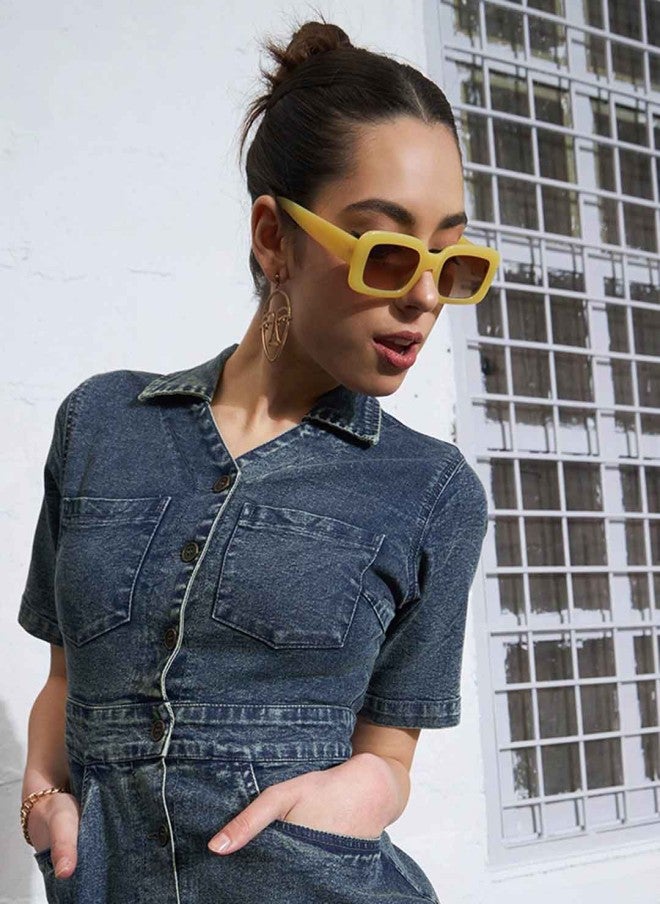 ساسافراس فستان قصير جينز بياقة قميص للنساء - Image 2