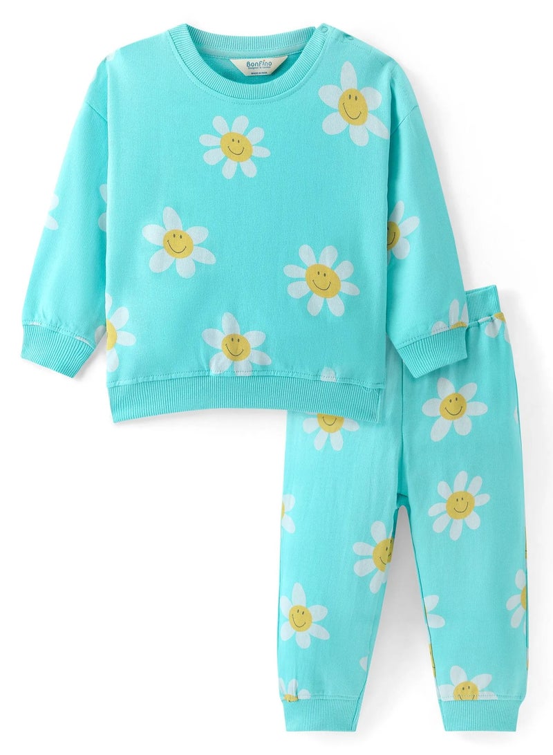 Bonfino Bonfino 100% Cotton French Terry Knit Full Drop Shoulder Sleeves Sweatshirt & Pant Floral Print - Blue(9-24M)  - Image 1