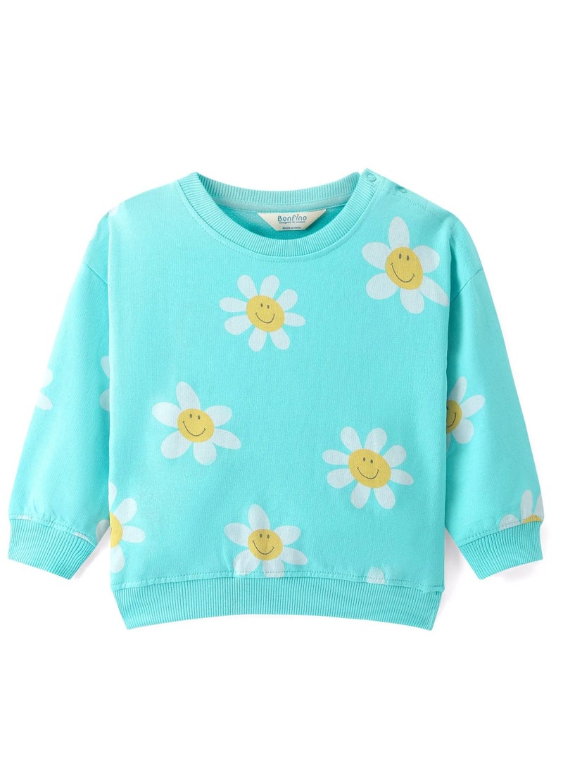 Bonfino Bonfino 100% Cotton French Terry Knit Full Drop Shoulder Sleeves Sweatshirt & Pant Floral Print - Blue(9-24M)  - Image 2