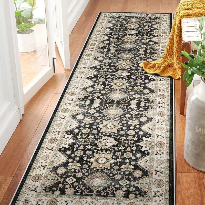 TOPRUUG Washable Hallway Runner Rug 2x10: Non Slip Runner Rugs with Rubber Backing Soft Kitchen Rug Farmhouse Distressed Carpet for Living Room Bedroom Bathroom (Black, 2X10) - Image 2
