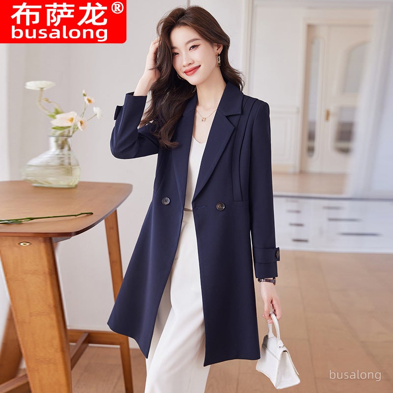 Busalong New Womens Coat Korean Professional Mid-length Suit Collar Coat Coat Work 9966 Brown coat - Image 5