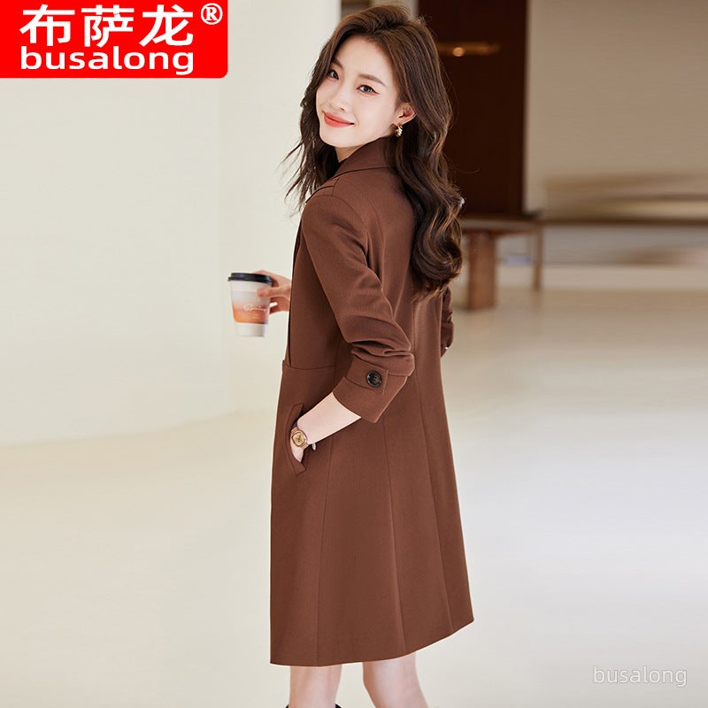 Busalong New Womens Coat Korean Professional Mid-length Suit Collar Coat Coat Work 9966 Brown coat - Image 4