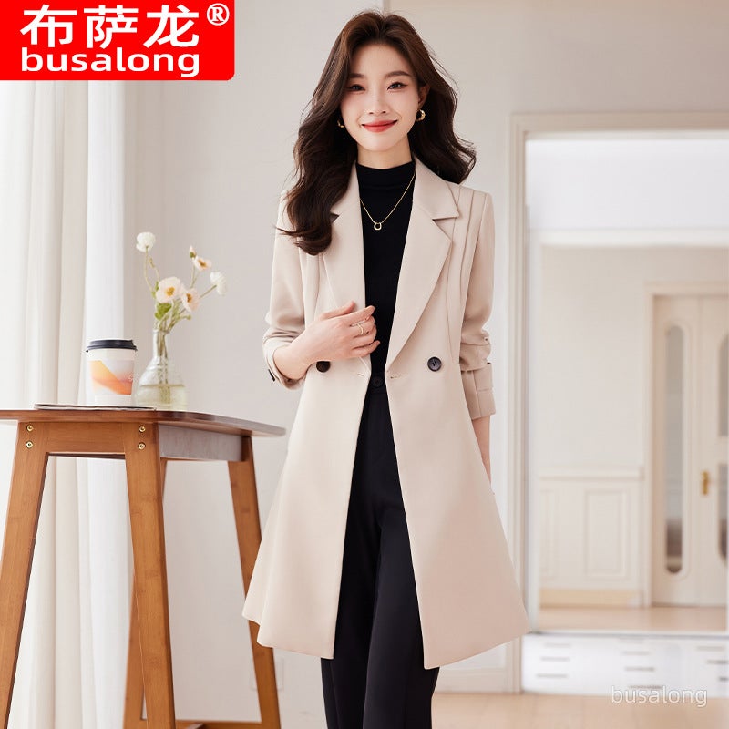 Busalong New Womens Coat Korean Professional Mid-length Suit Collar Coat Coat Work 9966 Brown coat - Image 2