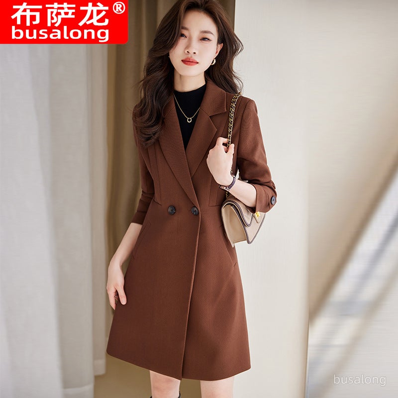 Busalong New Womens Coat Korean Professional Mid-length Suit Collar Coat Coat Work 9966 Brown coat - Image 3
