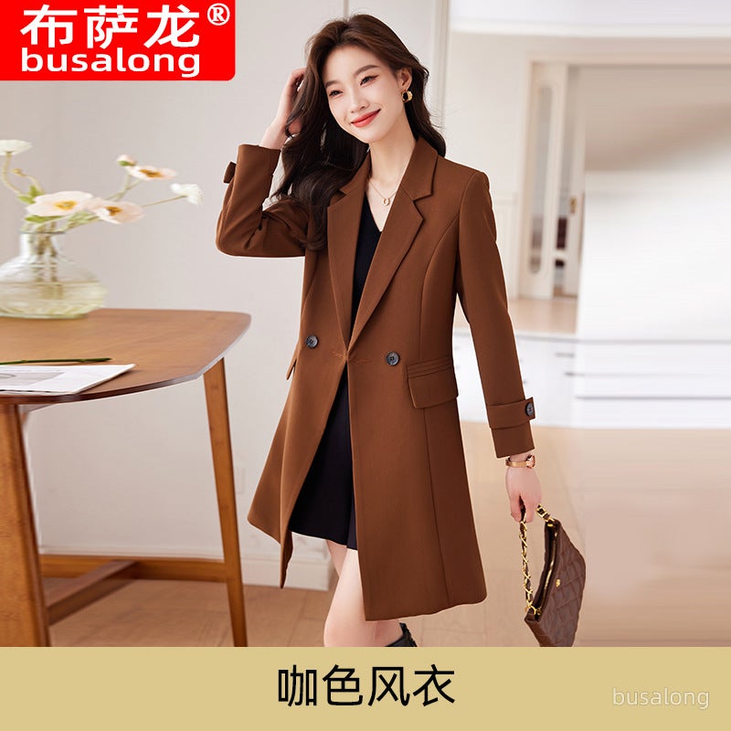 2023 New Womens Overcoat Korean-Style Professional Medium-Length Jacket Windbreaker Working Uniform Trench Coat 9966 Brown coat