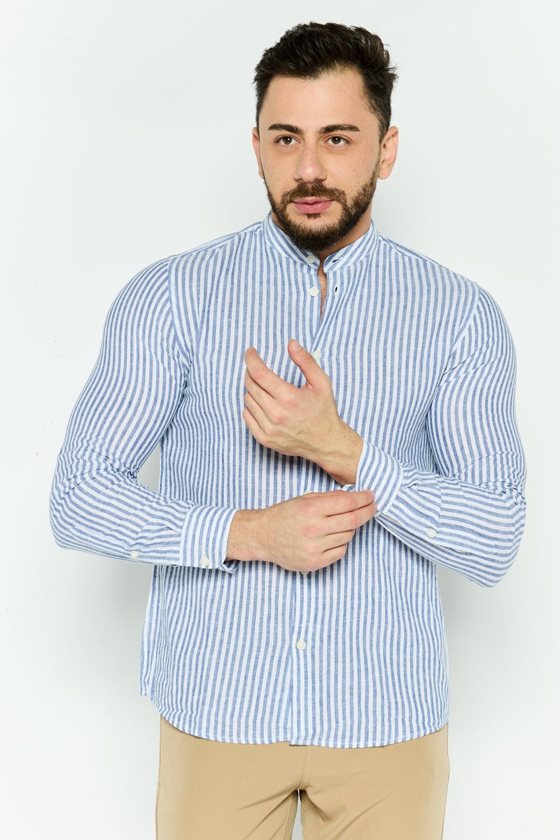 Gazzarrini قميص رجالي عادي بأكمام طويلة مخطط، أبيض - Image 1