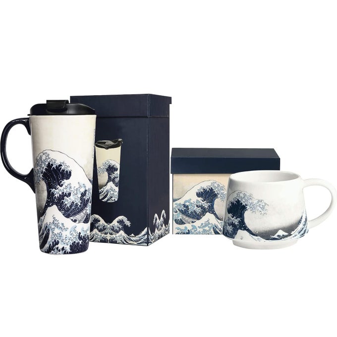 CERAMIC MUG LARGE COFFEE CUP TRAVEL COFFEE MUGS LATTE TEA CUP WITH LID AND HANDLE 12OZ AND 17OZ2 PACKSEA WAVE