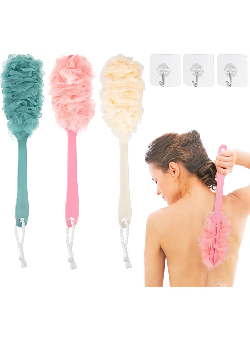 Shower Sponge with Handle, Bath Sponge with Long Handle, Mesh Bath Brush with 3 Adhesive Hooks, Back Brush, Bath Washer for Men and Women, Pack of 3 - Image 1