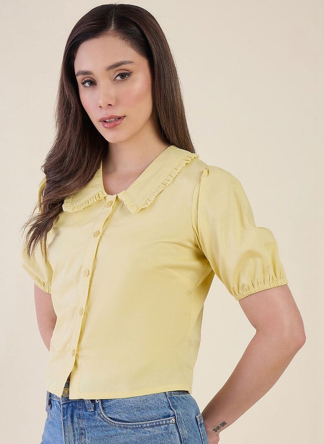 WineRed Yellow Peter Pan Collar Puff Sleeve Cotton Shirt - Image 3