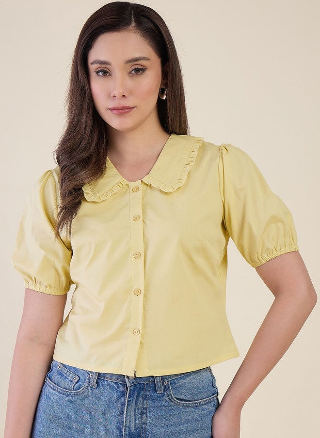 WineRed Yellow Peter Pan Collar Puff Sleeve Cotton Shirt - Image 2