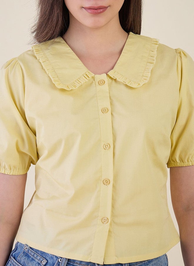 WineRed Yellow Peter Pan Collar Puff Sleeve Cotton Shirt - Image 5