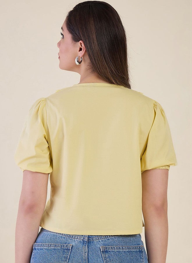WineRed Yellow Peter Pan Collar Puff Sleeve Cotton Shirt - Image 4