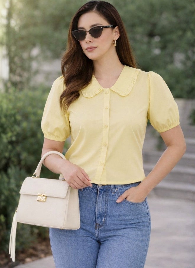 WineRed Yellow Peter Pan Collar Puff Sleeve Cotton Shirt - Image 1