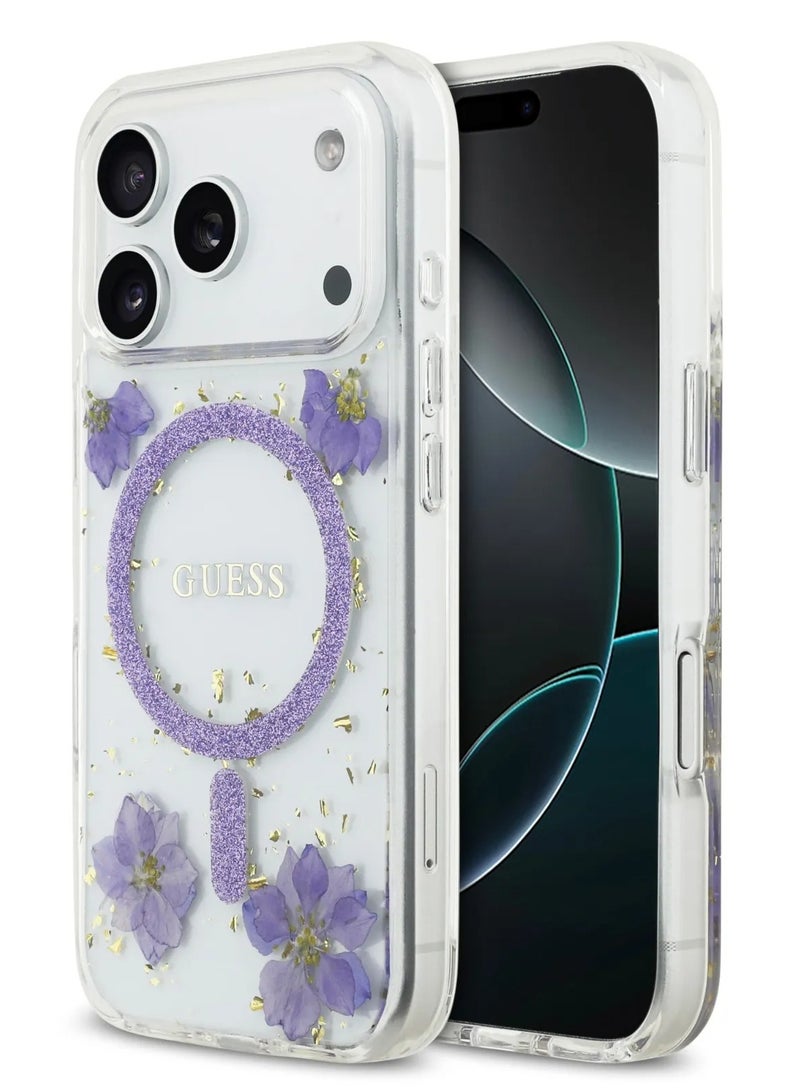 GUESS iPhone 17 Pro Max MagSafe Case / Reisn Case Cover With Flowers & Glitter Pattern - Purple - Image 2