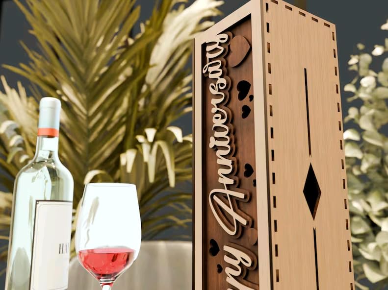 MeeCraft Wooden 3D Design Wine Gift Box for Anniversary Wedding Birthday Engagemet Greeting 333x99x106cm Brown and Beige - Image 4