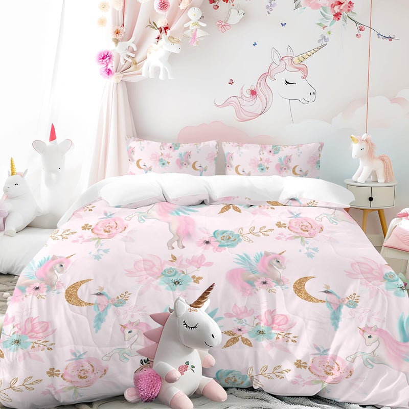 BEDMUST BEDMUST Unicorn Comforter Set Full  Soft Cute Pink Unicorn Bedding Set with Flowers Leaves and Blue Birds Print Pattern 3 Piece Unicorn Bed Set for Teen Women Aldults Full Gold Moon 