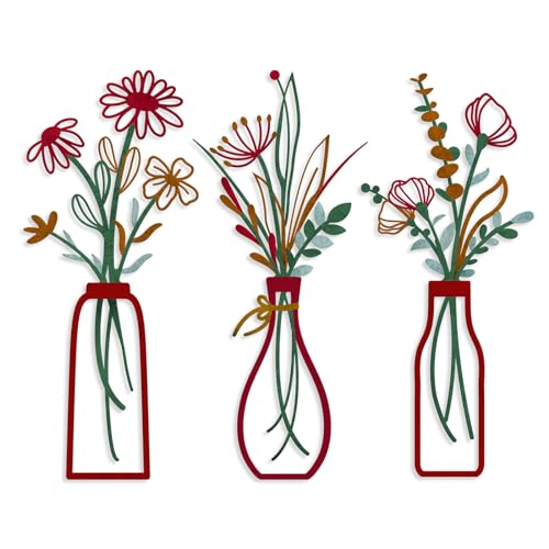 Pigort 3 Pieces Metal Vase Flowers Wall Arts Rustic Farmhouse Style Dcor Metal Wall Art Black Minimalist Flower Natural Themed Wall Decors for Home Bedroom Dining Room Housewarming Red VaseC - Image 1