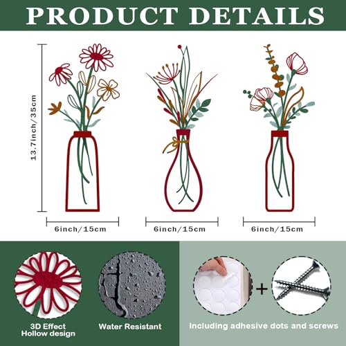 Pigort 3 Pieces Metal Vase Flowers Wall Arts Rustic Farmhouse Style Dcor Metal Wall Art Black Minimalist Flower Natural Themed Wall Decors for Home Bedroom Dining Room Housewarming Red VaseC - Image 3