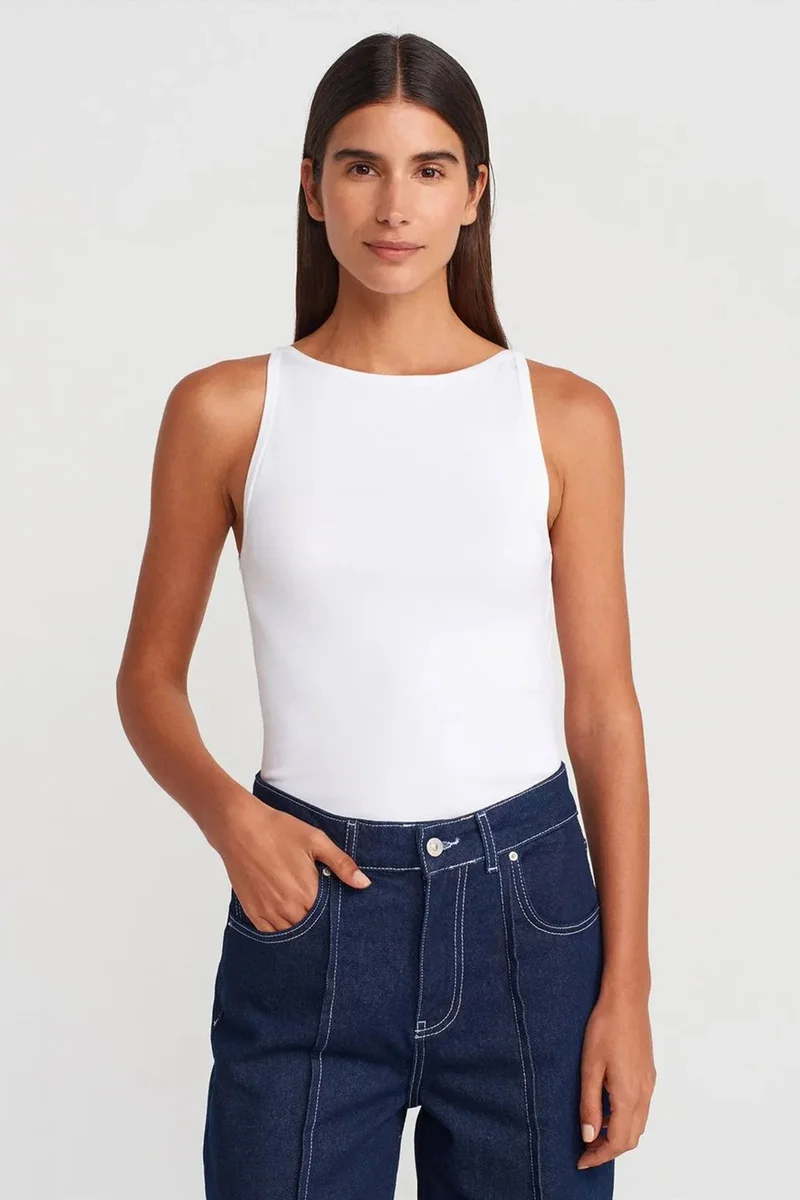 Dilvin White DILVIN Ribbed Halterneck Slim-Fit Blouse for Women | Best Price UAE