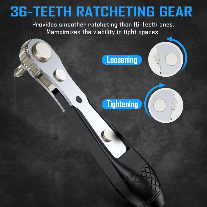 GreaTalent 37in1 S2 Steel Mini Ratchet Wrench Screwdriver Bit Set with 1/4" Hex Shank Phillips/Pozidriv/Hexagon/Torx/Slotted/Square Bits, 36-Tooth Gear, Magnetic Bit Holder, 90 Degree Drive Handle - Image 4