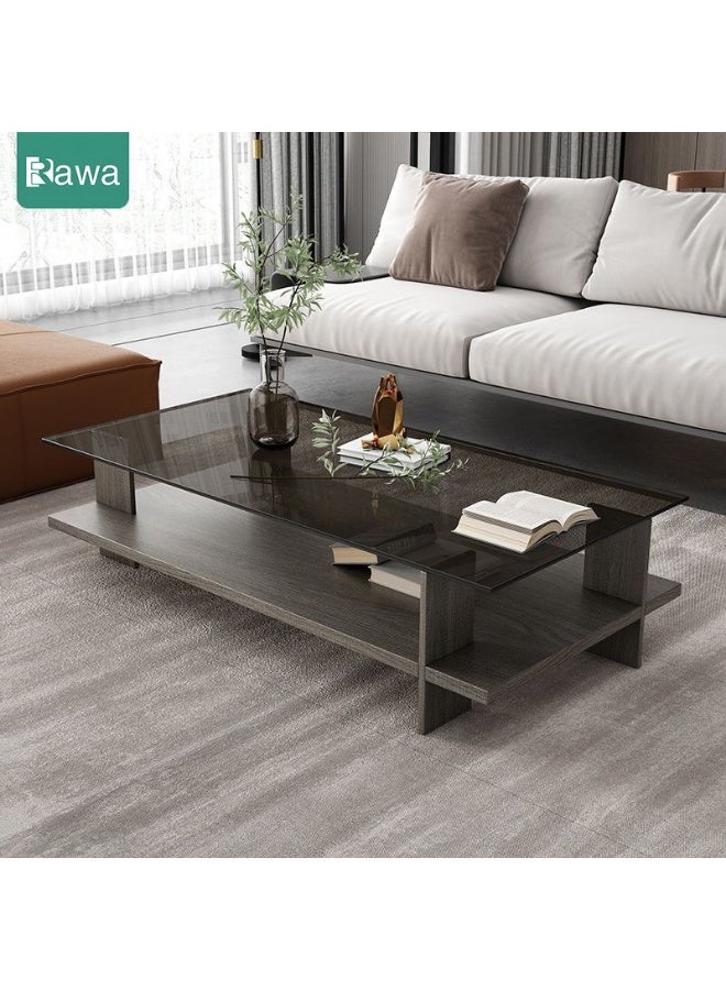 Rawa This rectangular two-tier coffee table, featuring a mid-century modern design, is the centrepiece of any living room, with a clear tempered glass top and a grey oak-coloured wooden base. Measuring 10 cm in depth, 50 cm in width and 41 cm in height, this two-tier storage unit is ideal for the living room or office. - Image 1