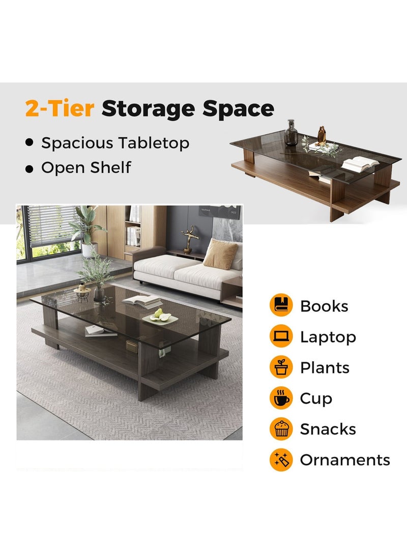 Rawa This rectangular two-tier coffee table, featuring a mid-century modern design, is the centrepiece of any living room, with a clear tempered glass top and a grey oak-coloured wooden base. Measuring 10 cm in depth, 50 cm in width and 41 cm in height, this two-tier storage unit is ideal for the living room or office. - Image 3