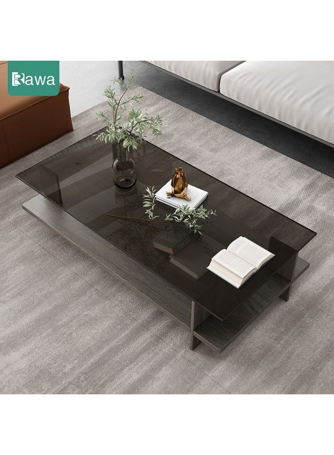 Rawa This rectangular two-tier coffee table, featuring a mid-century modern design, is the centrepiece of any living room, with a clear tempered glass top and a grey oak-coloured wooden base. Measuring 10 cm in depth, 50 cm in width and 41 cm in height, this two-tier storage unit is ideal for the living room or office. - Image 4