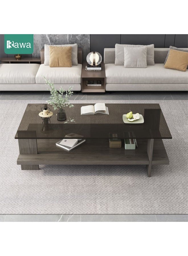 Rawa This rectangular two-tier coffee table, featuring a mid-century modern design, is the centrepiece of any living room, with a clear tempered glass top and a grey oak-coloured wooden base. Measuring 10 cm in depth, 50 cm in width and 41 cm in height, this two-tier storage unit is ideal for the living room or office. - Image 2