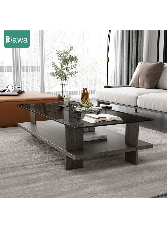 Rawa This rectangular two-tier coffee table, featuring a mid-century modern design, is the centrepiece of any living room, with a clear tempered glass top and a grey oak-coloured wooden base. Measuring 10 cm in depth, 50 cm in width and 41 cm in height, this two-tier storage unit is ideal for the living room or office. - Image 5