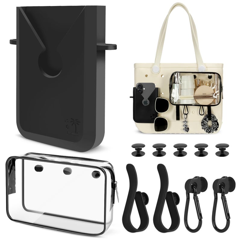 Sznauy 6PCS Compatible with Original Medium and Large Bogg Bag,Phone Holder for Inside and Outside of Bogg Bag Accessories,PVC Insert Bags,Hooks,and Keychain(Black) - Image 1