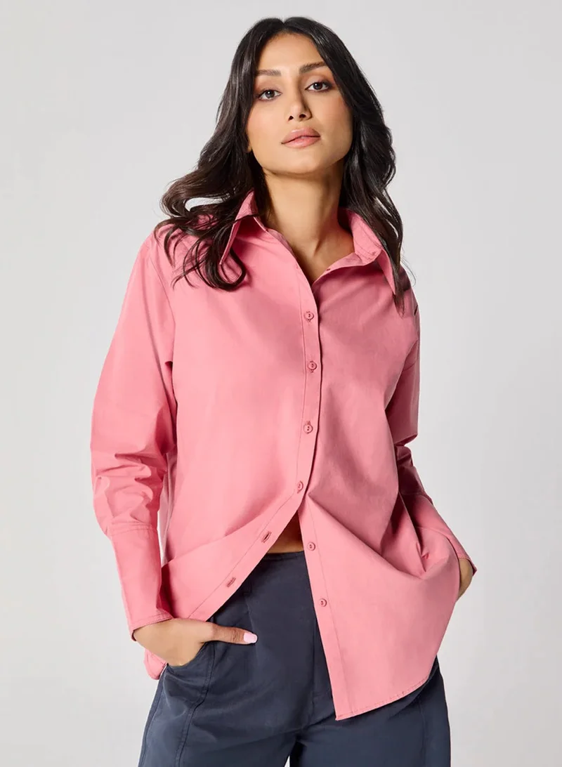 Zigzag Cotton Oversized Shirt- Pink