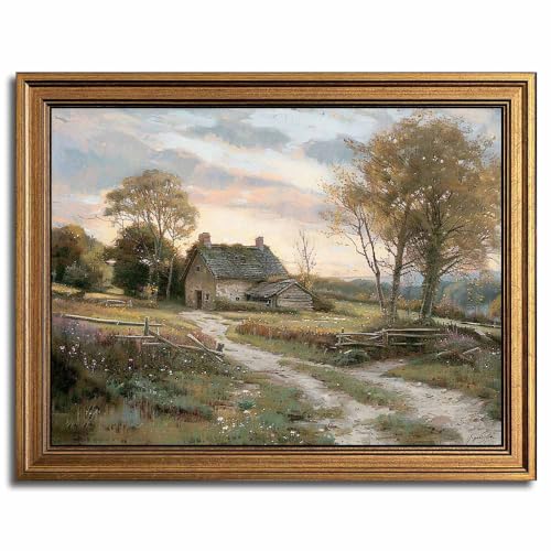 Yeechine Gold Framed Vintage Wall Art Countryside Cottage Landscape Canvas Wall Art Print Kitchen Living Room Wall Decor (rural trail, 20" L x 16" W) - Image 1