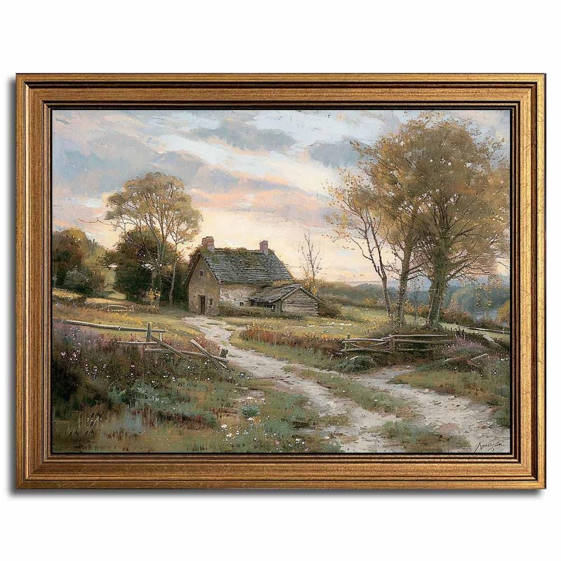 Yeechine Gold Framed Vintage Wall Art Countryside Cottage Landscape Canvas Wall Art Print Kitchen Living Room Wall Decor (rural trail, 20" L x 16" W) - Image 2