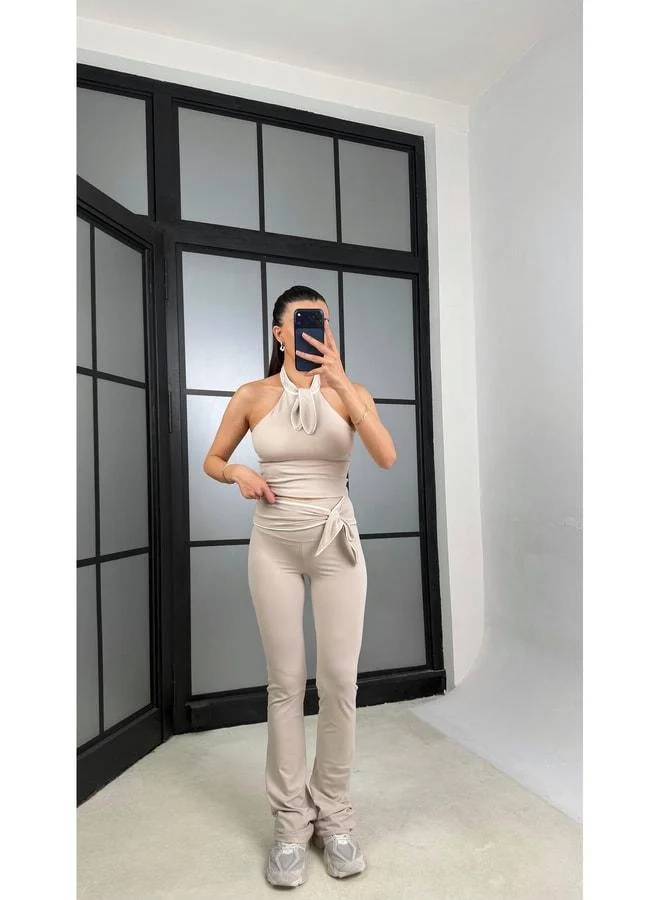 Gaus  Beige OYS Model Bow Detailed Crop Leggings Set GAUS-01407. for Women | Best Price UAE