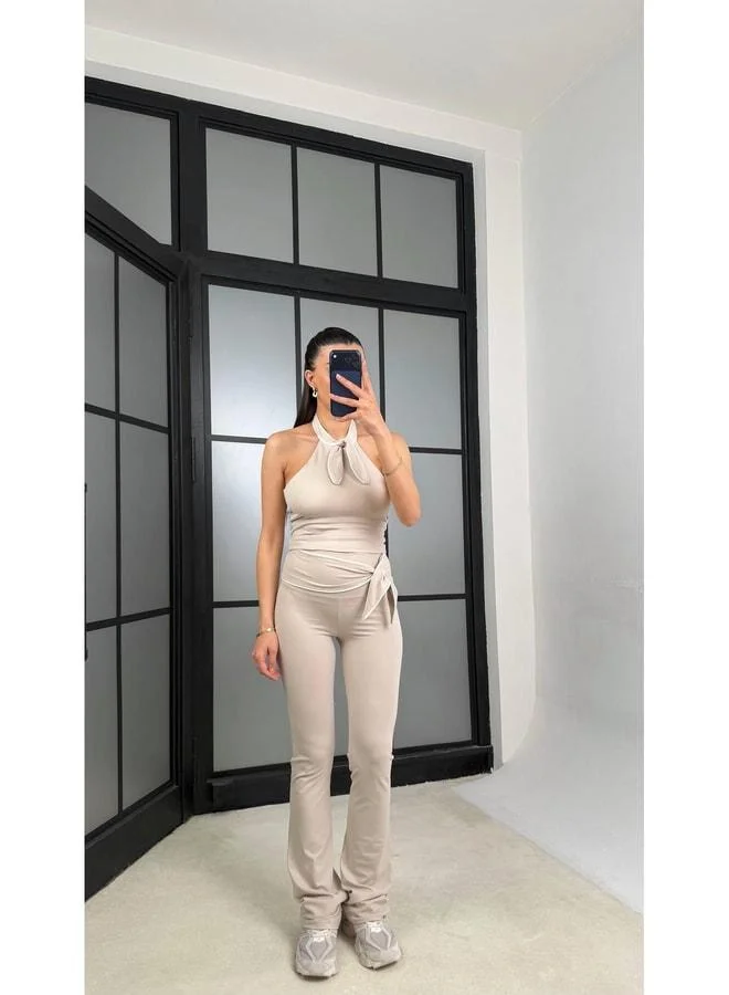 Beige OYS Model Bow Detailed Crop Leggings Set GAUS-01407.