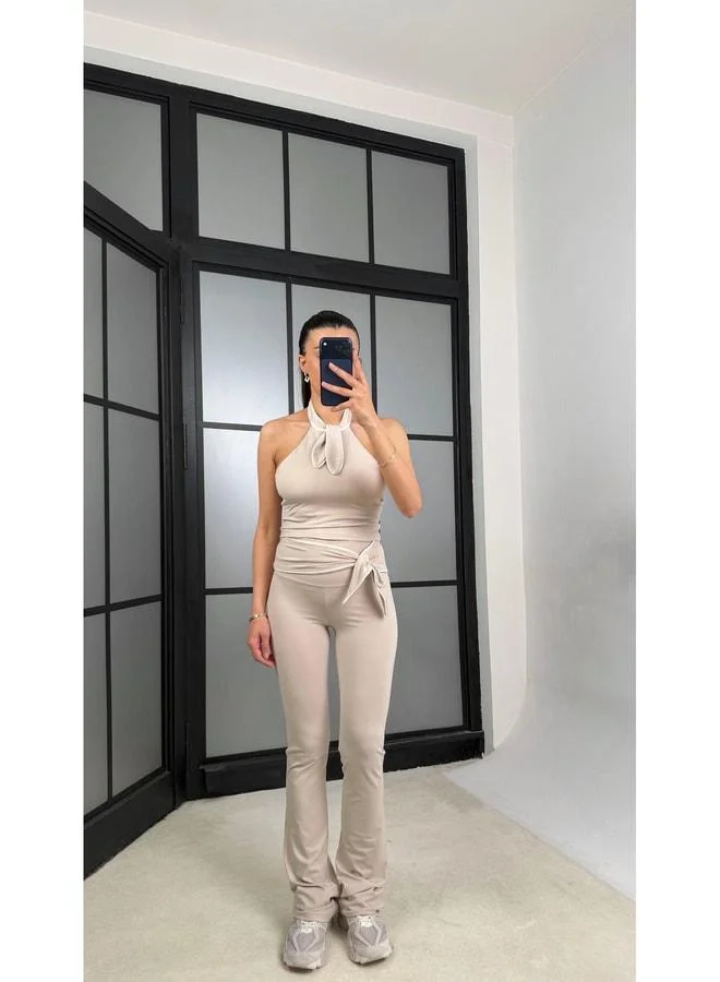 Gaus Beige OYS Model Bow Detailed Crop Leggings Set GAUS-01407.