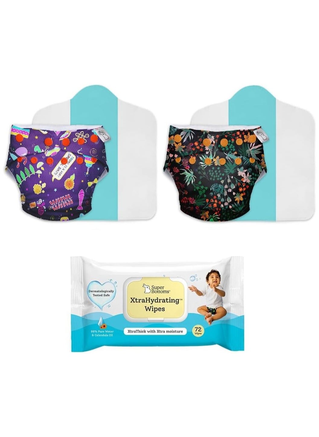 2PCS Cloth Diapers for Babies with 72 XtraHydrating Wipes - Fits up to 5-17kgs - Freesize Washable & Reusable Waterproof Adjustable Cloth Diaper for Babies - Dry Feel Pad - Gentle on Skin 