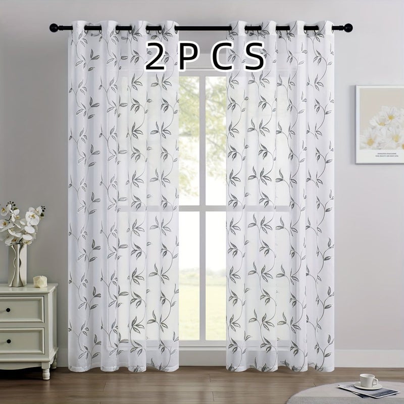 White With Black 2pcs Semi Transparent Embroidered Curtain 132x160 for Living Room - Image 1