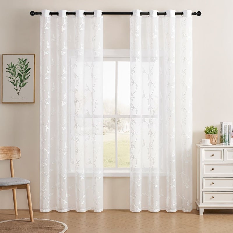 White With Black 2pcs Semi Transparent Embroidered Curtain 132x160 for Living Room - Image 5