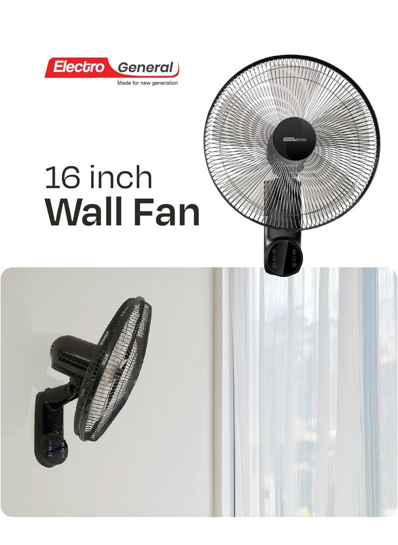 الكترو جنرال - مروحة حائطية مع ريموت كنترول  60 وات، حجم 16″ (40 سم)، محرك نحاسي كامل (74*18 مم)، 5 شفرات AS، حركة تأرجح من اليسار إلى اليمين، 3 سرعات تحكم، مؤقت لمدة 12 ساعه مع ريموت كنترول، 220-240 فولت~ 50-60 هرتز - Image 1