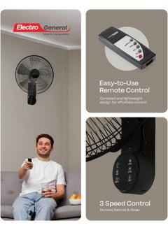 Electro General Electro General Wall Fan with Remote FWL-BK16R – 60W Power, 16" (40cm) Size, Full Copper Motor (74*18mm), Five AS Blades, Left to Right Swing, 3 Speed Control, 12-Hour Timer Includes Remote Control, 220-240V~ 50-60Hz  - Image 3