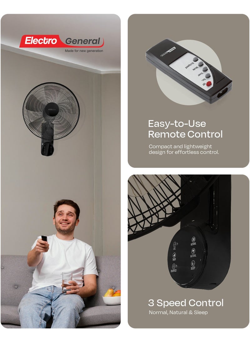 الكترو جنرال - مروحة حائطية مع ريموت كنترول  60 وات، حجم 16″ (40 سم)، محرك نحاسي كامل (74*18 مم)، 5 شفرات AS، حركة تأرجح من اليسار إلى اليمين، 3 سرعات تحكم، مؤقت لمدة 12 ساعه مع ريموت كنترول، 220-240 فولت~ 50-60 هرتز - Image 1